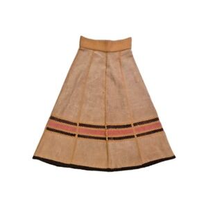 Vtg 1970s Suede Panel Midi A-Line Skirt Crochet Leather Boho Folk Tan Sz 5/6 XXS
